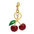 Gold tone cherry bag charm keychain with red glitter fruits and green leaf accessory. - Style 11 (Single)
