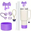 Stanley style tumbler set with purple silicone bow straw covers, cup boot, and charm. - Set 3 (Cup Not Included)