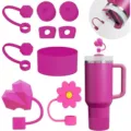 Set di accessori in silicone rosa per bicchieri con copri-cannuccia e custodie. - 9 Pezzi / Set con Zirconia Rosso Rosa