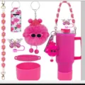 Set accessori per bicchiere rosa con tracolla margherita, tappo di paglia e ciondolo soffice. - Rosso Rosa B