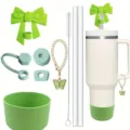 Details of tumbler accessory set including green bow straw topper, cup boot and butterfly chain. - Set 5 (Without Cup)