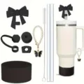 Details of Stanley tumbler accessories set including bow straw topper and butterfly chain. - Set 6 (Cup Not Included)