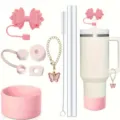 Stanley tumbler accessory set pink bow straw cover butterfly chain 9-piece kit set. - Pink (Cup Not Included)