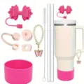 Stanley silicone tumbler accessory set 9pcs pink bow straw cover cup boot and butterfly chain - Rose Red (Cup Not Included)