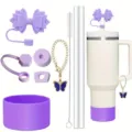 9-piece silicone tumbler accessories set with bow straw cover and chain for 40oz cup - Purple (Cup Not Included)