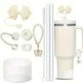 Tumbler straw cover set with bow charm silicone spill proof stoppers and brush 9pcs - White (Cup Not Included)