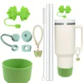 Stanley 40oz tumbler accessory set with green bow straw cover, charm and silicone cup boot. - Green (Cup Not Included)