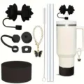 Stanley tumbler accessory set featuring black bow straw topper, glass straws, and charms. - Black (Cup Not Included)