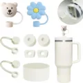 Set di accessori in silicone per bicchiere con simpatici copri cannuccia e tappi antiribaltamento. - 9 Pezzi / Bianco