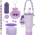 Set accessori per borraccia viola con tracolla, custodia e simpatico portachiavi mostro peloso. - Viola A