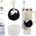 Conjunto de accesorios para vaso de Halloween con llavero de pompón esponjoso y funda para pajita. - Fantasma