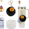 Conjunto de accesorios para taza de Halloween con llavero de pompón y funda de pajita - Cabeza de Calabaza