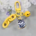 Portachiavi giallo in lega con catena spessa, campanello e grazioso ciondolo gatto. - Stile 11