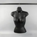 Black plastic hanging half-body mannequin form, perfect for lingerie and swimwear display. - Black
