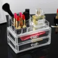 Clear acrylic cosmetic organizer with drawers for makeup storage, lipstick holder, and desktop display. - SF-1065