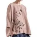 Oversized cotton linen literary floral print short sleeve casual women t-shirt main view - M / Light Pink