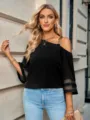 Top casual de mujer en color sólido con hebilla de metal y detalle de manga de malla. - S / Tops / Negro