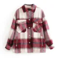 Mujer chaqueta camisa de mezcla de lana a cuadros oversize manga larga abrigo botones - XS / Burdeos
