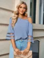 Top mujer casual de color sólido hebilla metálica hombro descubierto, elegante blusa manga tul. - S / Tops / Gris Azulado