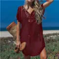 Detail shot of the V-neck lace spliced beach cover-up dress in burgundy, resort style. - S / Burgundy