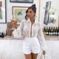Blusa elegante blanca bordada de manga larga abullonada para mujer moda de otoño. - S / Tops / Blanco