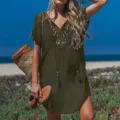 Women Beach Cover Up V-Neck Short Sleeve Crochet Lace Swimsuit Bikini Dress Summer - Army Green