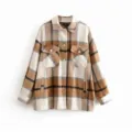 Chaqueta de camisa casual de mezcla de lana a cuadros para mujer otoño manga larga - XS / Caqui