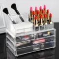 Clear acrylic makeup organizer with lipstick holder, brush slots and storage drawers for desktop. - SF-1155