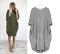 Vestido holgado de manga larga con bolsillos verde oliva y gris, túnica casual midi. - S / Gris