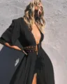 Black V-neck long sleeve lace chiffon beach cover-up variant, elegant summer swimwear style. - S / Black