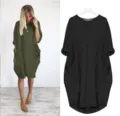 Vestido midi holgado y liso con mangas largas y amplios bolsillos para mujer casual - S / Negro