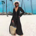 Cardigan de plage long noir, cache-maillot de bain ajouré ample style décontracté pour femme. - Noir