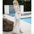 White lace long beach cover up sheer cardigan swimsuit swimwear coverup resort wear style. - White