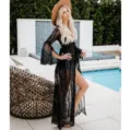 Cárdigan largo de encaje negro para playa, ropa de baño bikini transparente sexy para mujer. - XL / Negro