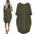 Vestido casual holgado de manga larga con cuello redondo y bolsillos para mujer. - S / Verde Militar