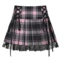 Pink and black plaid pleated miniskirt with side lace-up bows and black lace hem alt style. - XL / Pink