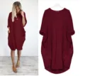 Plus size loose long sleeve solid color dress with pockets in maroon, comfortable casual wear. - Burgundy