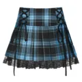 Blue black plaid pleated mini skirt with side lace up ribbons and lace hem for women. - XL / Blue