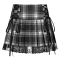 Black white plaid pleated mini skirt, lace-up side ribbons and delicate black lace hem. - XL / Black