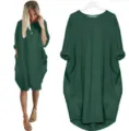 Solid color loose crew neck long sleeve midi dress with pockets in dark green for women. - Green