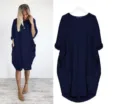 Solid navy blue round neck oversized long sleeve dress with pockets for casual daily wear. - Navy Blue