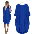 Royal blue solid color o-neck loose long sleeve dress with pockets casual wear variant. - Sapphire Blue