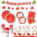 Sommer Wassermelone Party Deko Set mit Teller Bechern Banner fuer Geburtstag Feier - Wassermelone Neun Teiliges Set