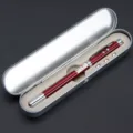 5-in-1 multi-functional laser pointer pen with metal storage case and batteries included. - Box Packaging / Red