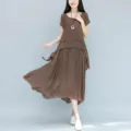 Estate casual largo taglie forti abito midi cotone lino donna abbigliamento chic - Kaki