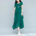 Verano literario suelto talla grande vestido maxi de algodon y lino con manga corta. - M / Verde