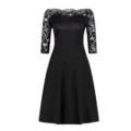 Vestido midi negro de encaje con hombros descubiertos y mangas medias con vuelo elegante - S / Negro