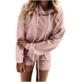 Conjunto de loungewear rosa casual con sudadera con capucha y pantalones cortos a juego. - S / Parte Superior e Inferior / Rosa