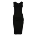 Vestido midi negro ajustado sin mangas con cuello en V y elegantes detalles fruncidos laterales. - S / Negro