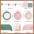 Green and pink plaid party supplies set including banner, plates, napkins and tablecloth. - Tablecloth / 137*274cm / Green Plaid